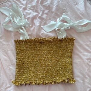 Shop Koch Cece Top Gold Smocked Crop Top with White Ties at the Top
